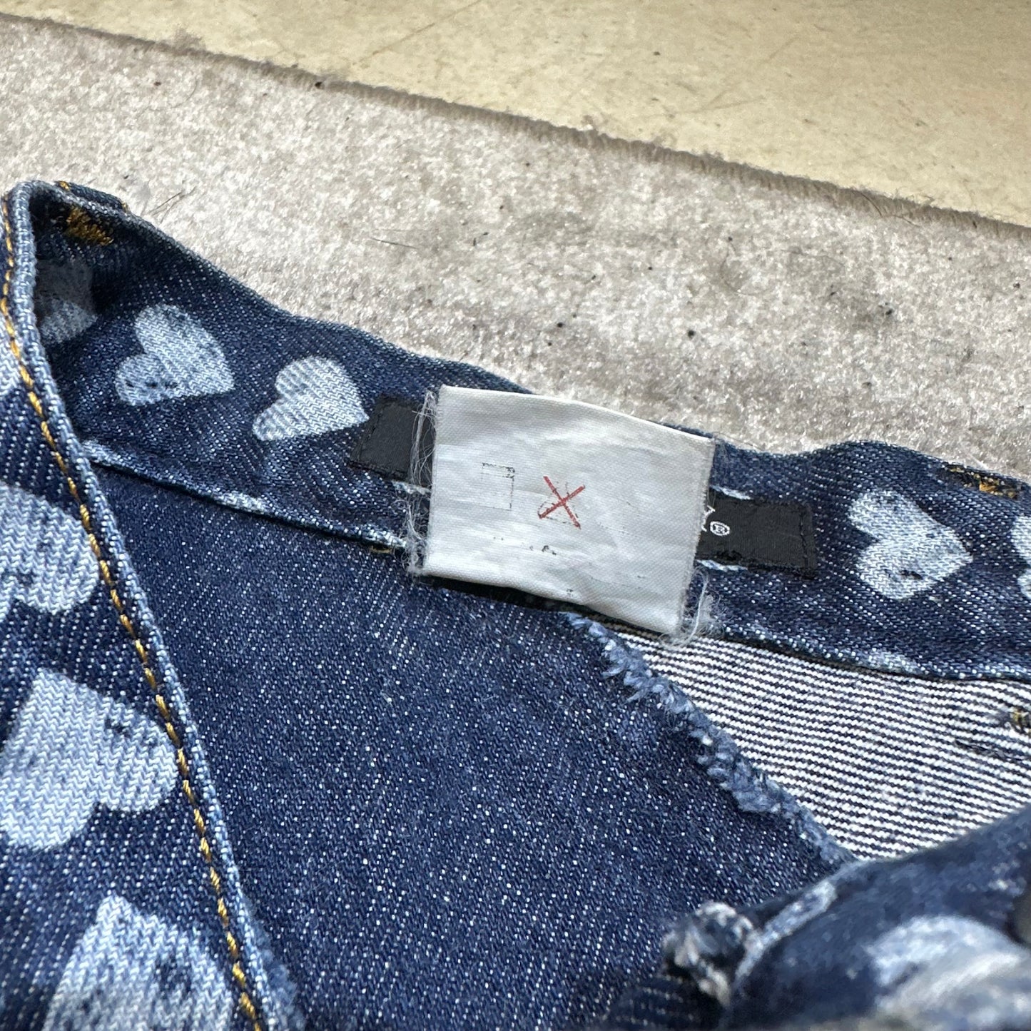 1990s Ozone Community Distressed Heart Print Denim Maxi Skirt