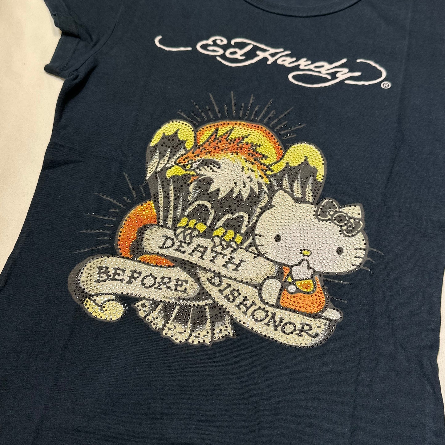 2011 Ed Hardy x Hello Kitty "Death Before Dishonor" Rhinestone Baby Tee (Taiwan Limited Edition)