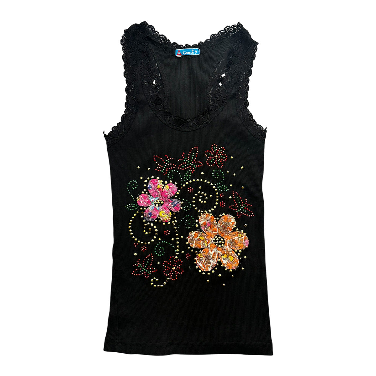 Lace Trim Beaded Graphic Tank