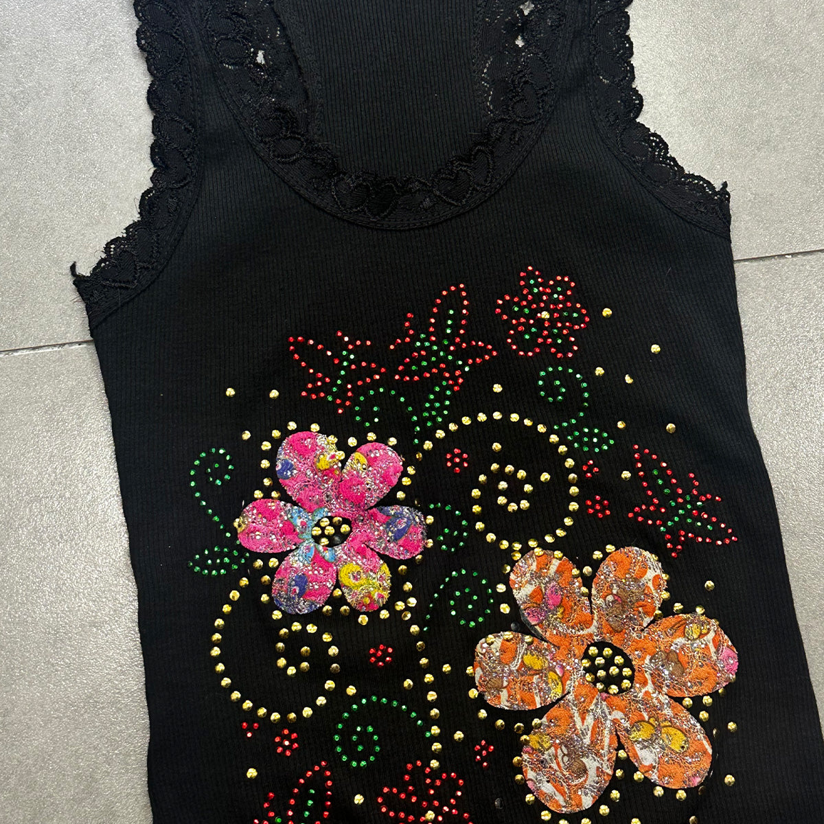 Lace Trim Beaded Graphic Tank