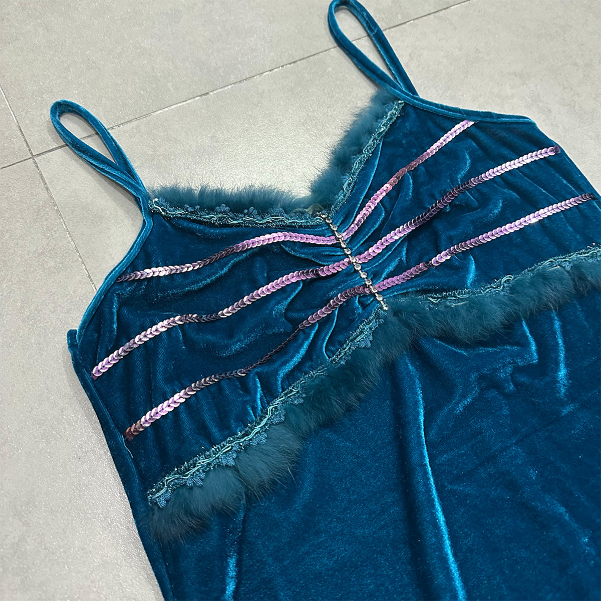 Beaded Fur Trim Velvet Cami Dress