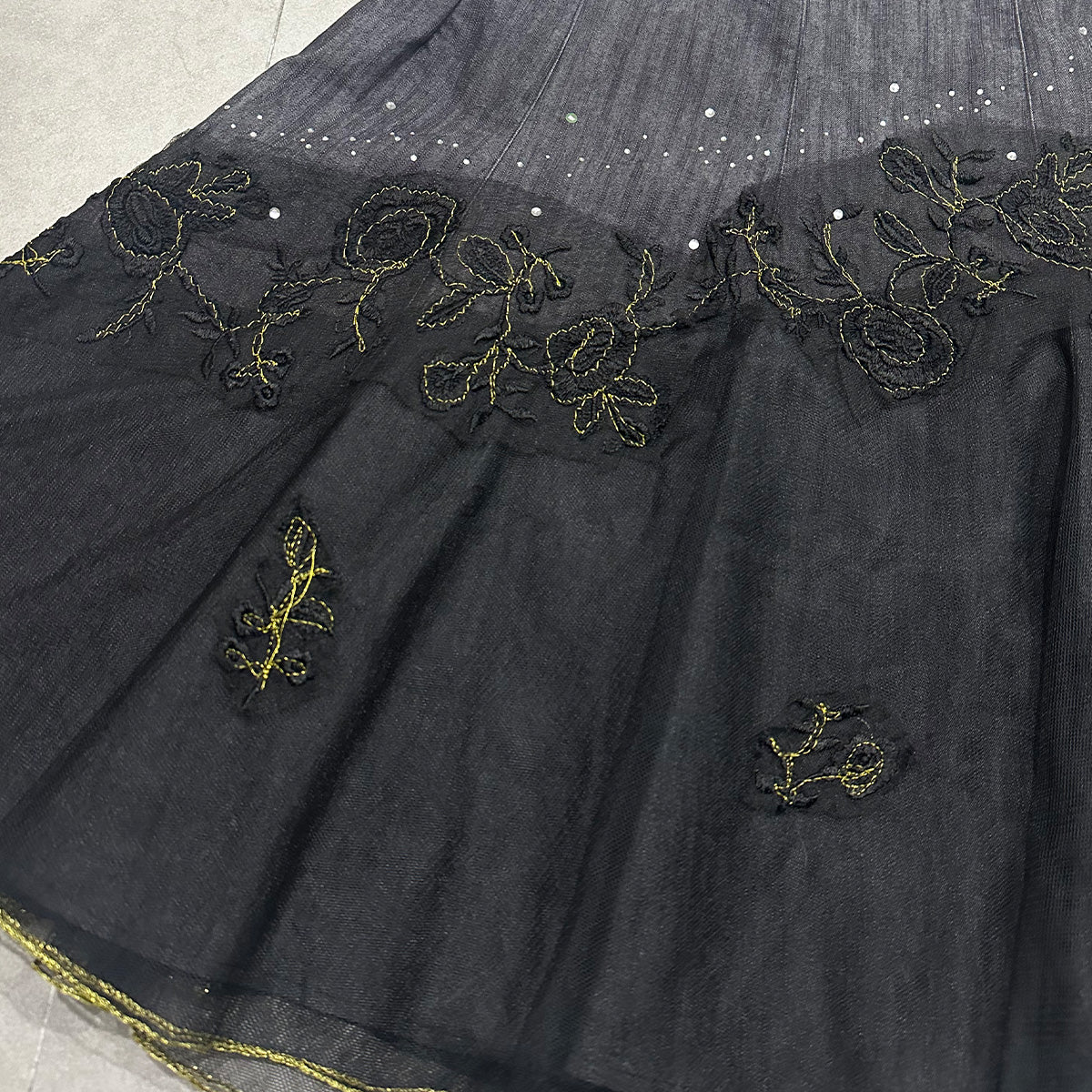 Mesh Patched Denim Maxi Skirt