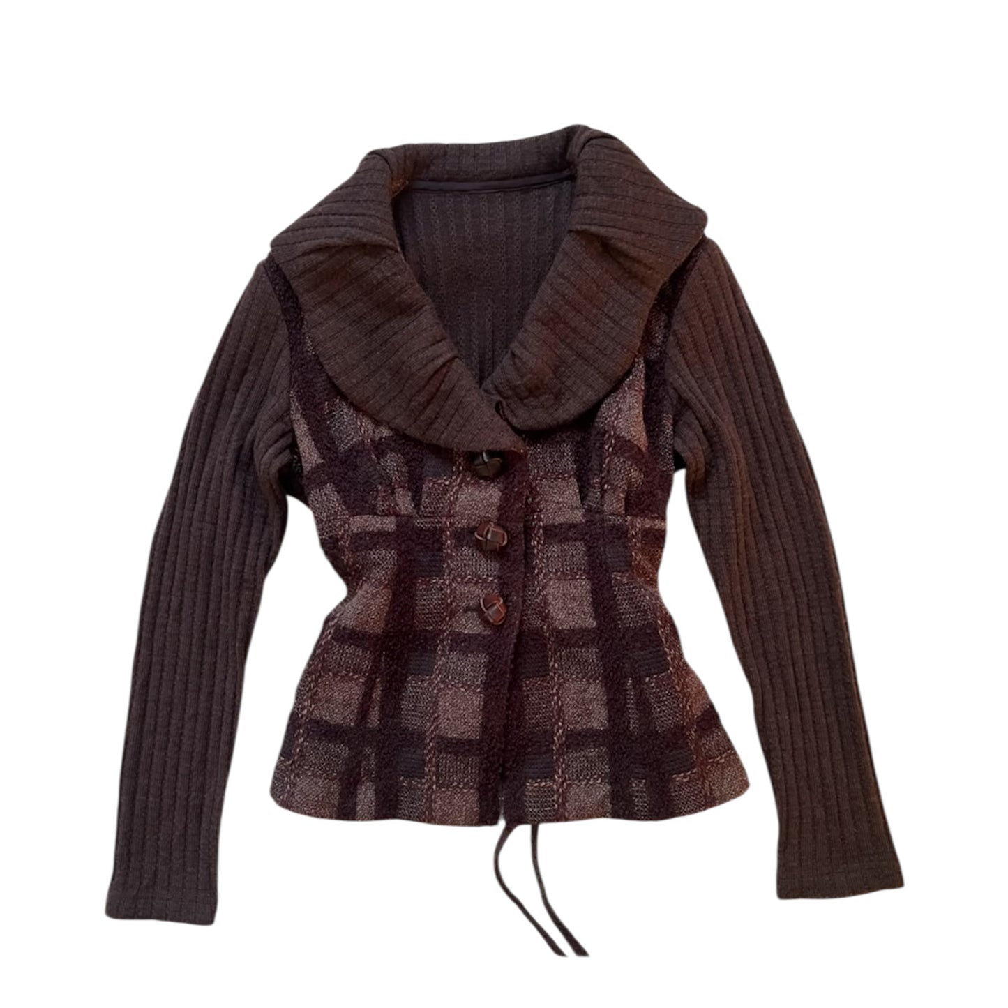 Checked Knit Collar Long Sleeves Top