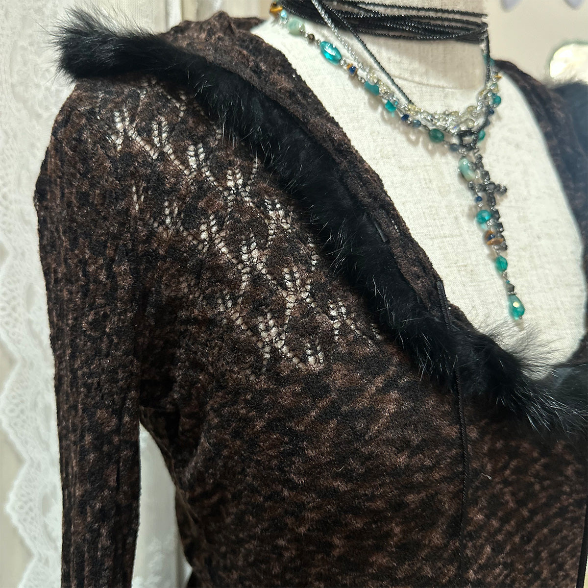 Fur Trim Sheer Knit Top
