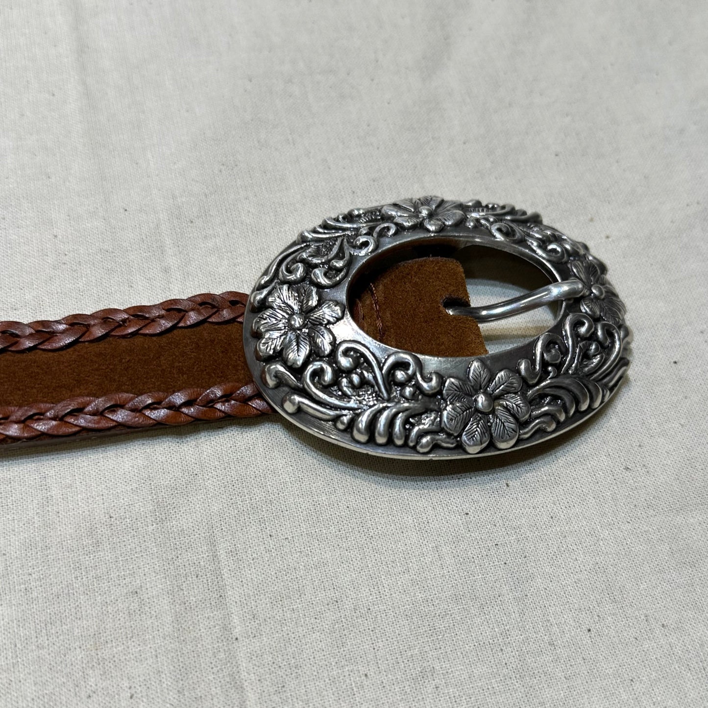 Braided Leather Belt with Ornate Silver Buckle