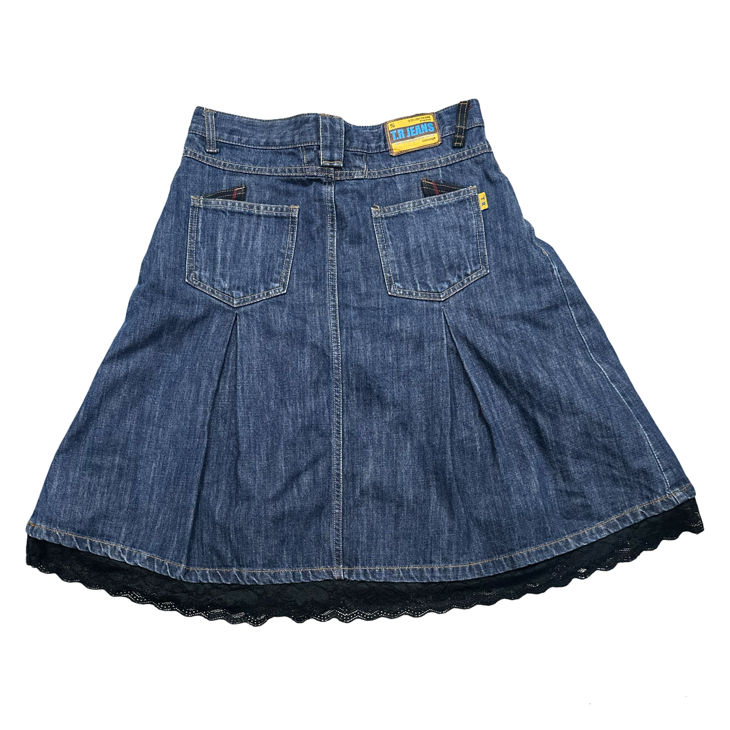 Lace Hem Denim Midi A-line Skirt