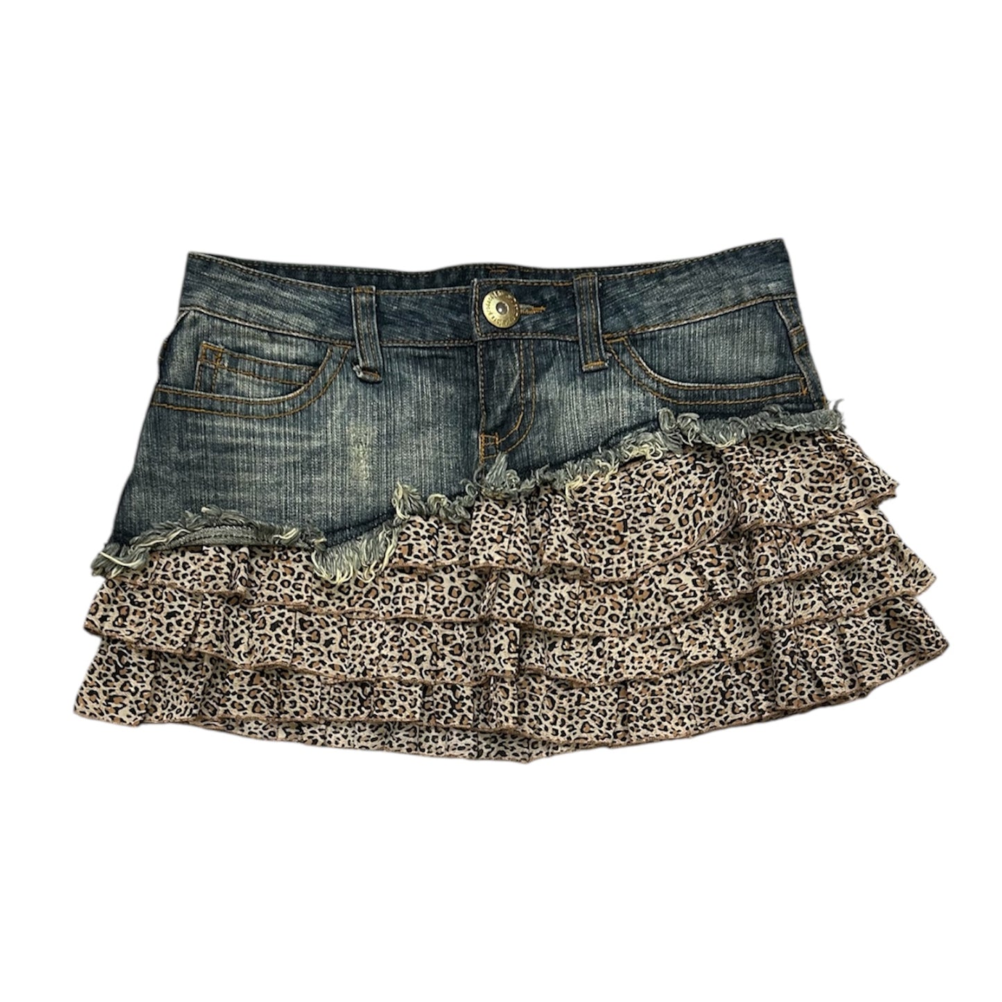 Layered Leopard Print Denim Mini Skirt