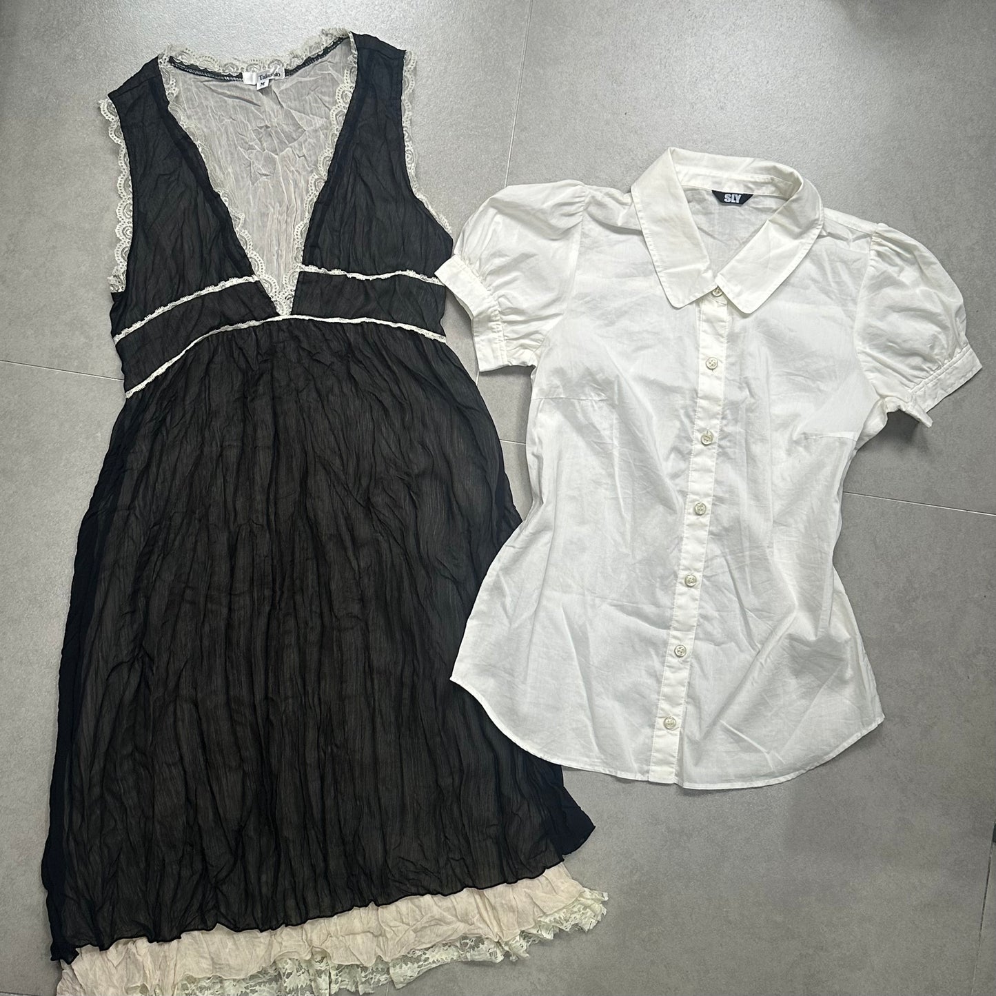 Set: Puff Sleeves Shirt + Lace Trim Vest Dress