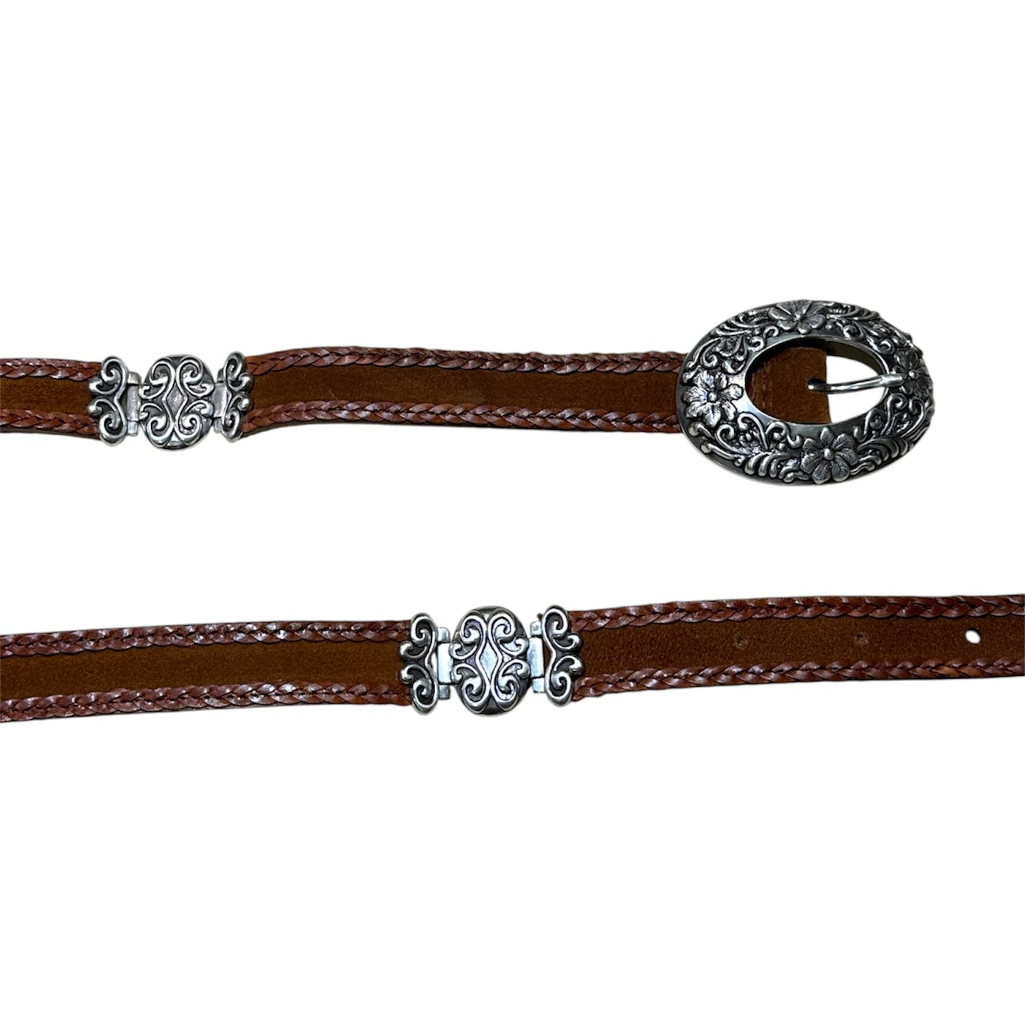 Braided Leather Belt with Ornate Silver Buckle