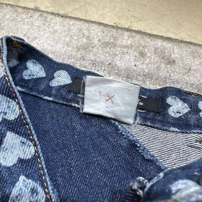1990s Ozone Community Distressed Heart Print Denim Maxi Skirt