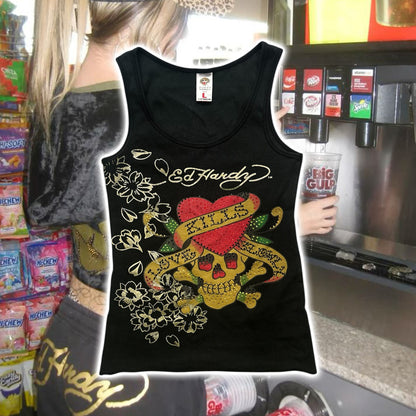 Ed Handy Rhinestone Skull Tank Top
