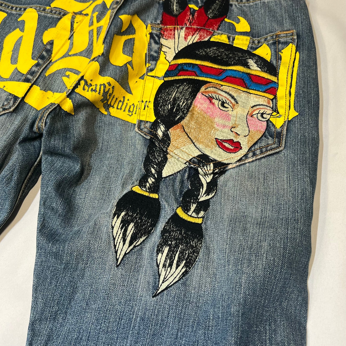 Ed Hardy 00s Native American Maiden Embroidered Straight Jeans