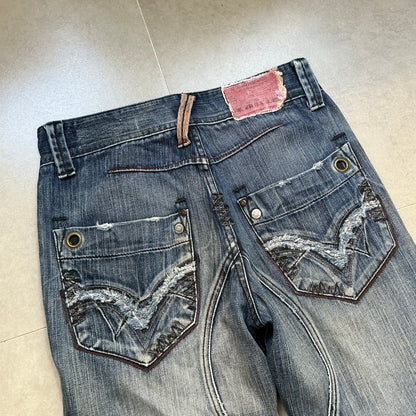 TOUCH Jeansmith Distressed Denim 9/10 Length Pants with 3D Pocket & Red Waistband