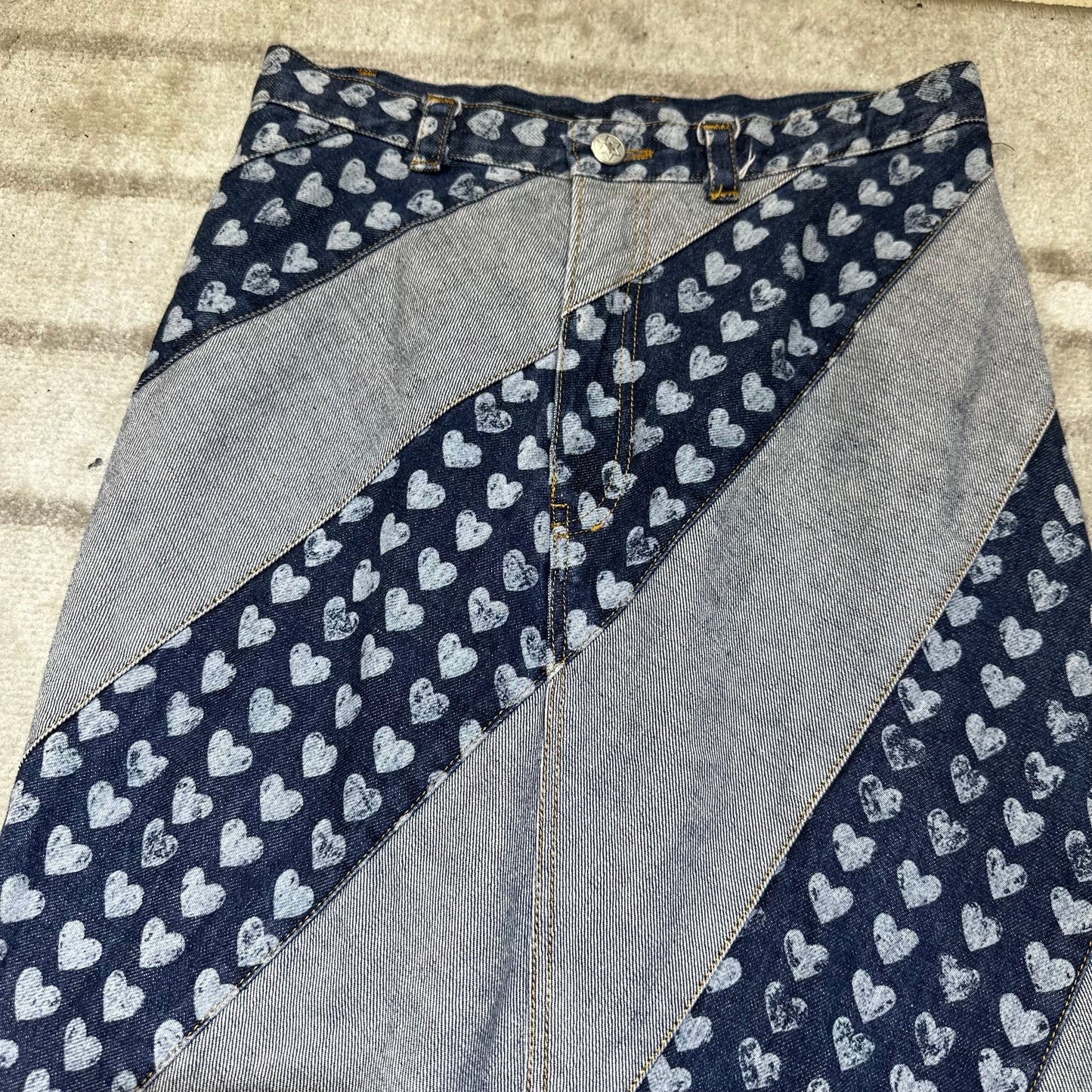 1990s Ozone Community Distressed Heart Print Denim Maxi Skirt