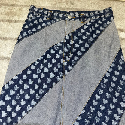 1990s Ozone Community Distressed Heart Print Denim Maxi Skirt