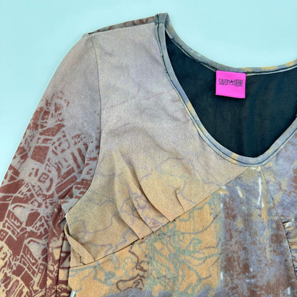 Save The Queen! 2000s Mixed Abstract Map Print Asymmetric Long Sleeves Top