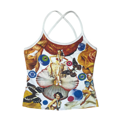 90s Hula Girl Collage Print Crisscross Halter Camisole