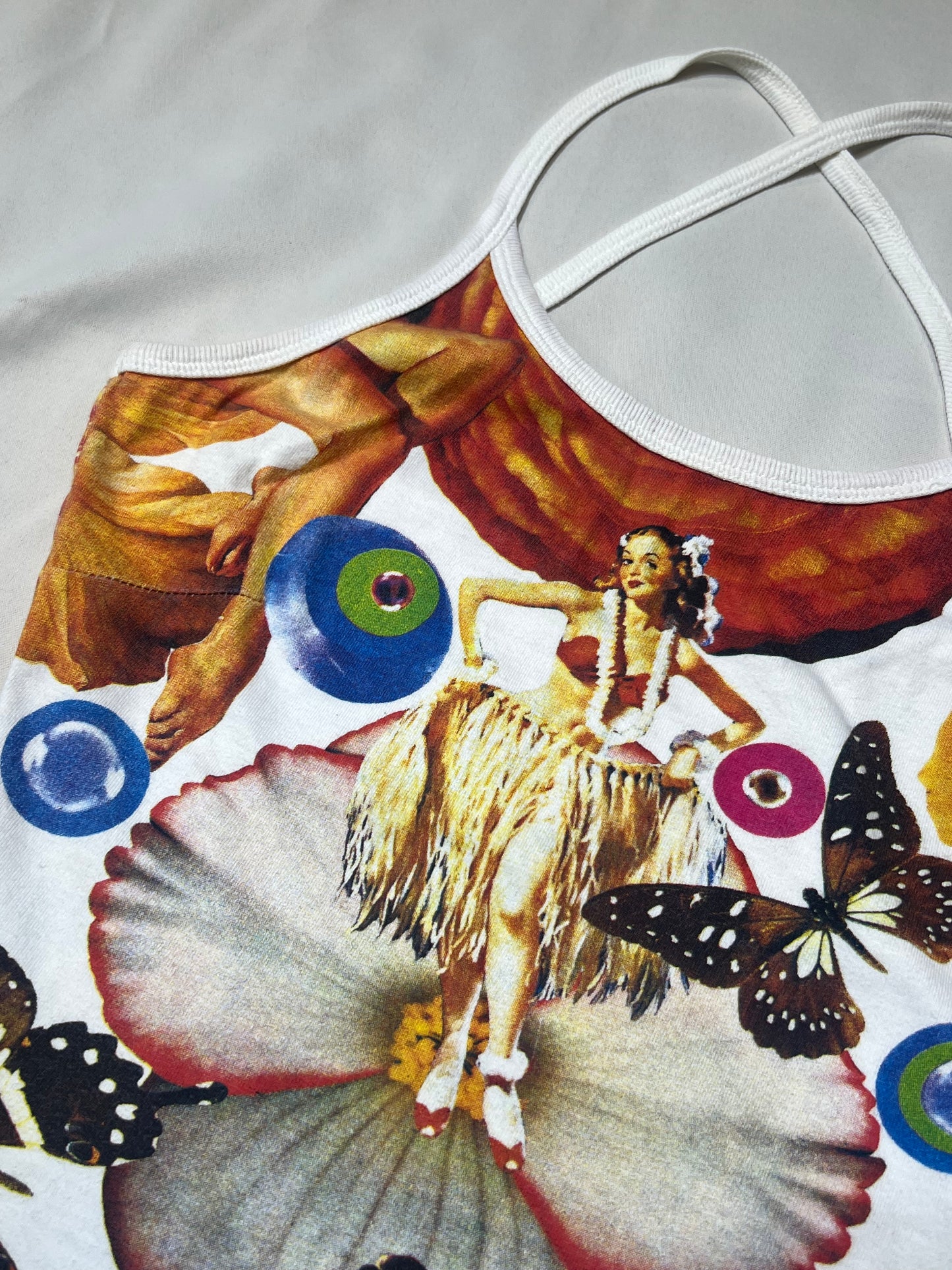 90s Hula Girl Collage Print Crisscross Halter Camisole