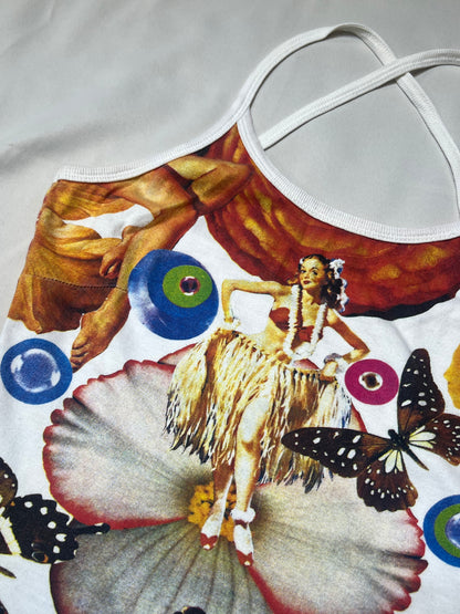 90s Hula Girl Collage Print Crisscross Halter Camisole