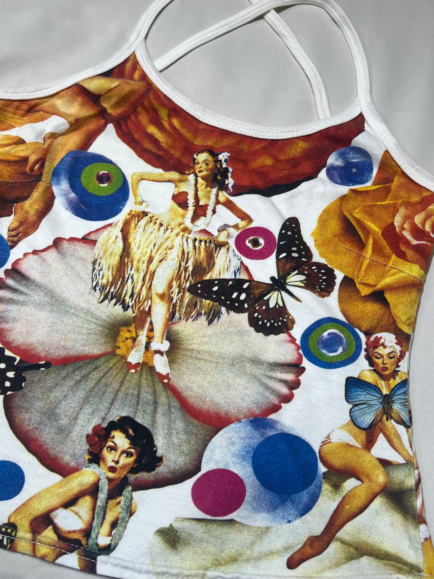 90s Hula Girl Collage Print Crisscross Halter Camisole