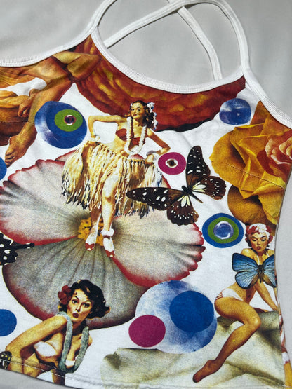 90s Hula Girl Collage Print Crisscross Halter Camisole
