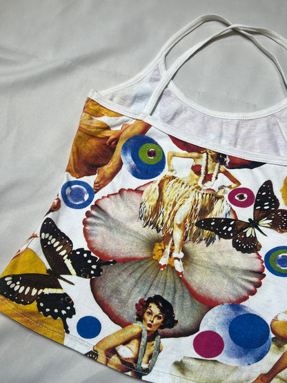90s Hula Girl Collage Print Crisscross Halter Camisole