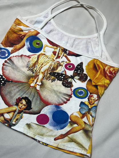 90s Hula Girl Collage Print Crisscross Halter Camisole