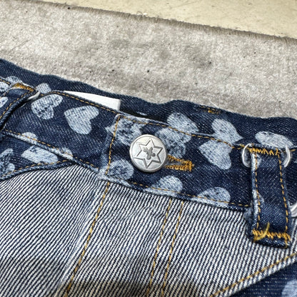 1990s Ozone Community Distressed Heart Print Denim Maxi Skirt