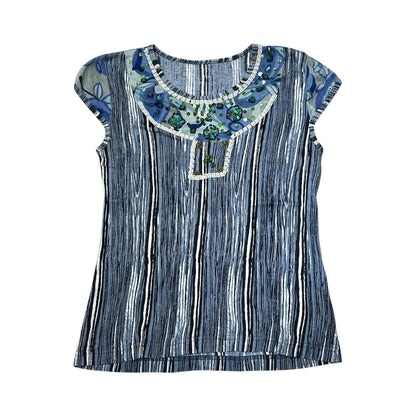 Vertical Stripe Embellished Mesh Panel Top
