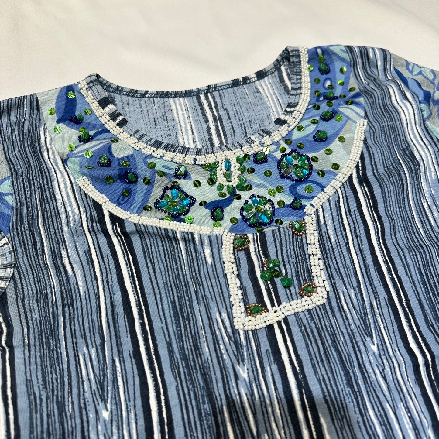Vertical Stripe Embellished Mesh Panel Top