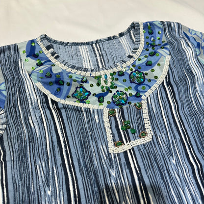 Vertical Stripe Embellished Mesh Panel Top