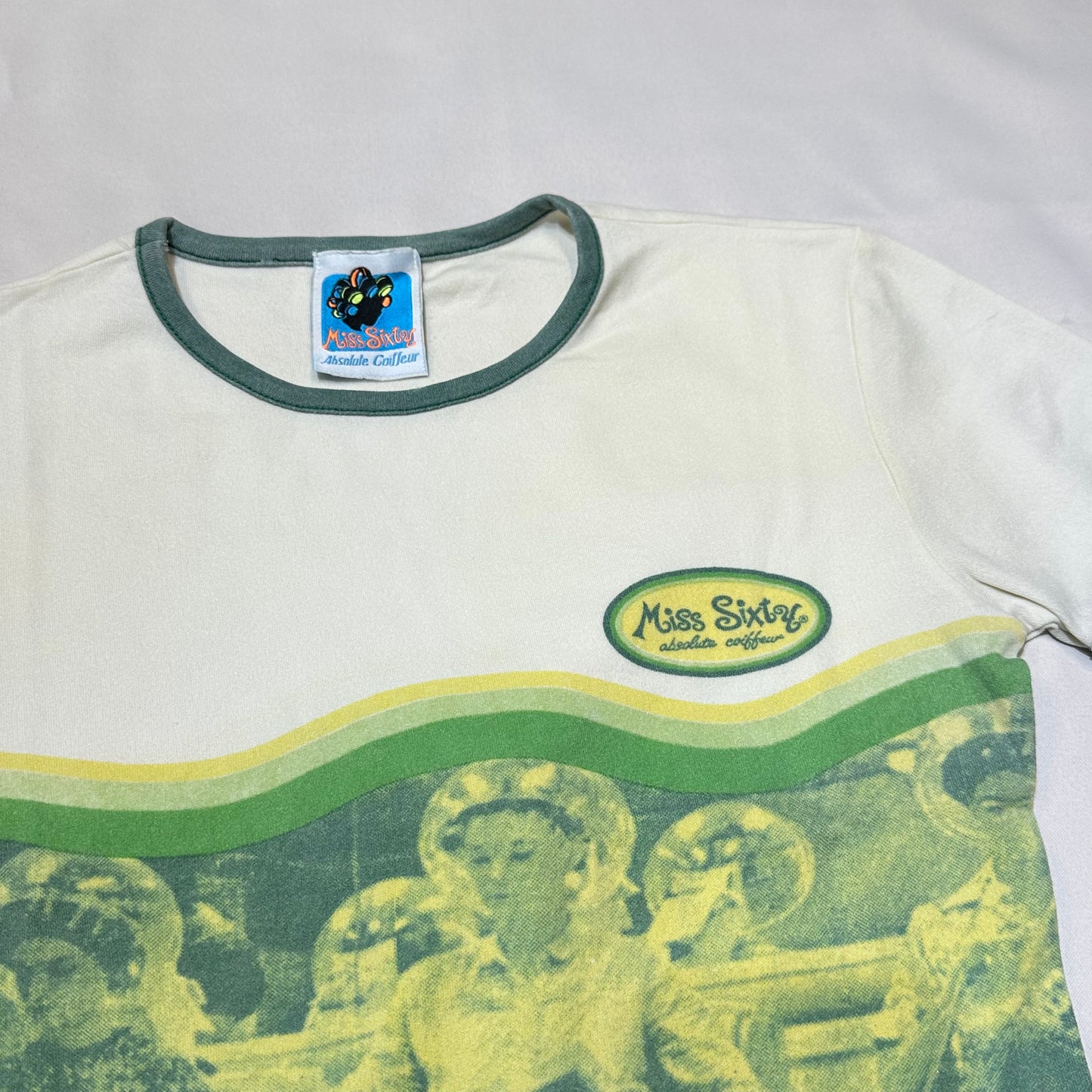 Miss Sixty "Absolute Cotffeur" Salon Print Ringer Baby Tee