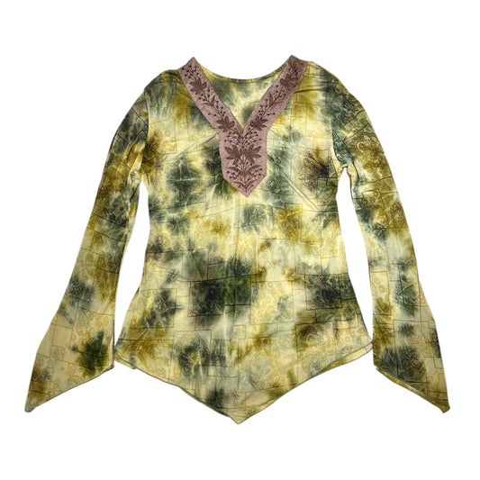 Embroidered V-neck Tie Die Long Sleeves Top
