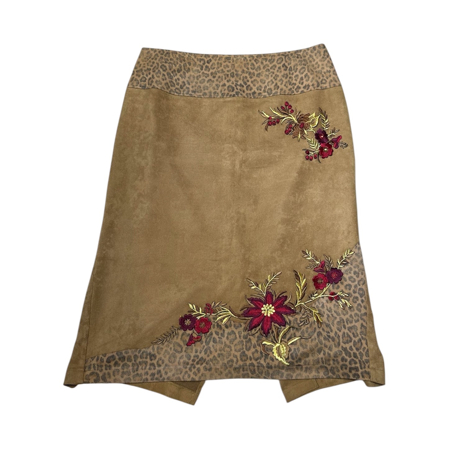 Floral Embroidery & Suede Midi Skirt