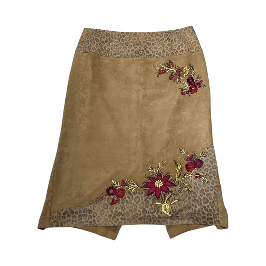Floral Embroidery & Suede Midi Skirt