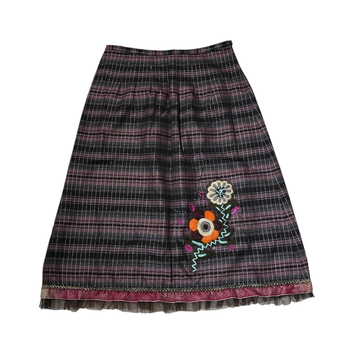 Floral Embroidery Plaid Midi Skirt
