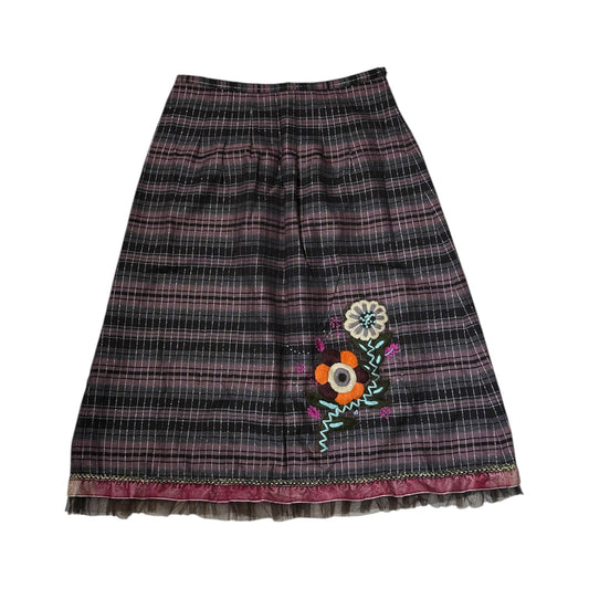Floral Embroidery Plaid Midi Skirt