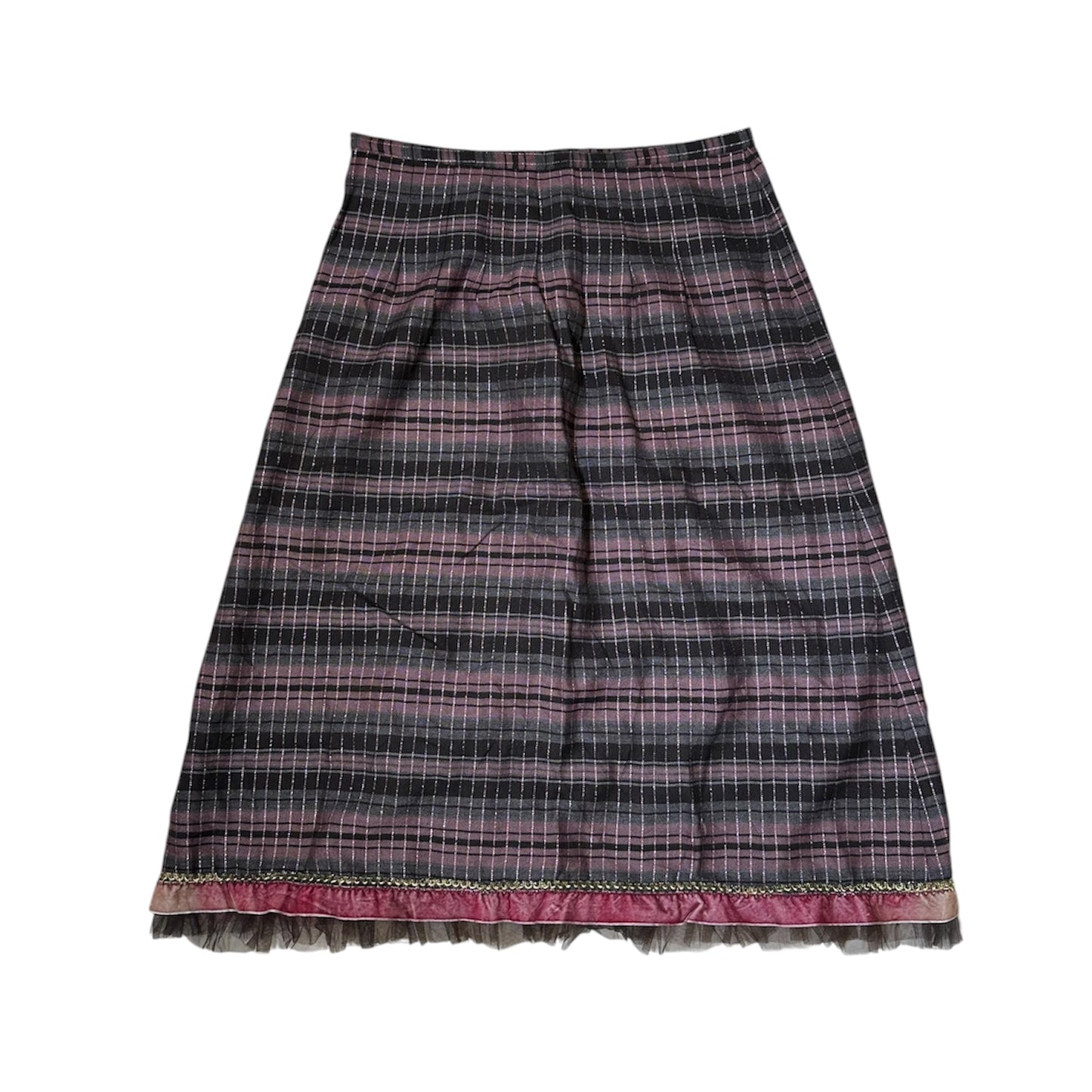 Floral Embroidery Plaid Midi Skirt