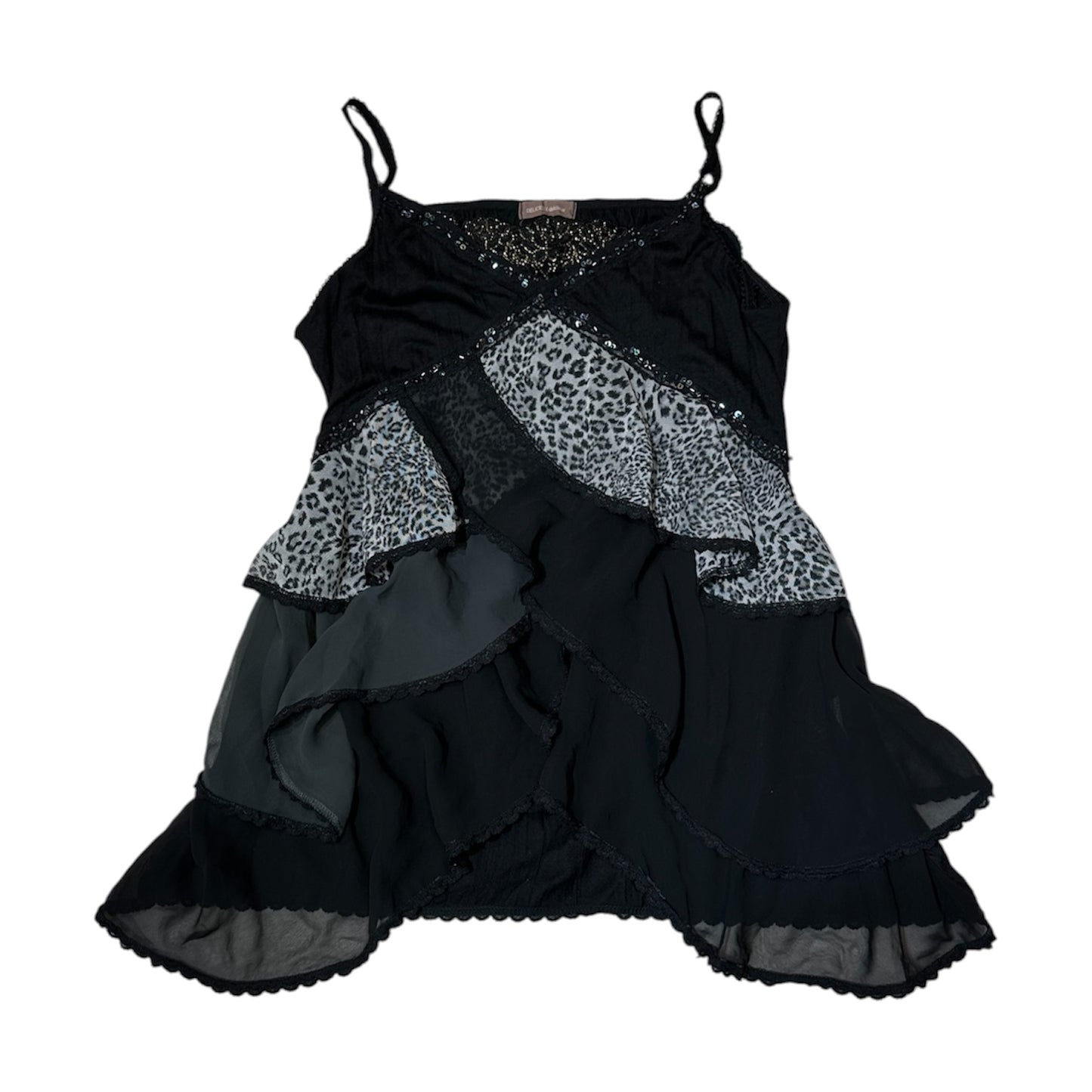 Grunge Leopard Print Patchwork Camisole with Layered Ruffles