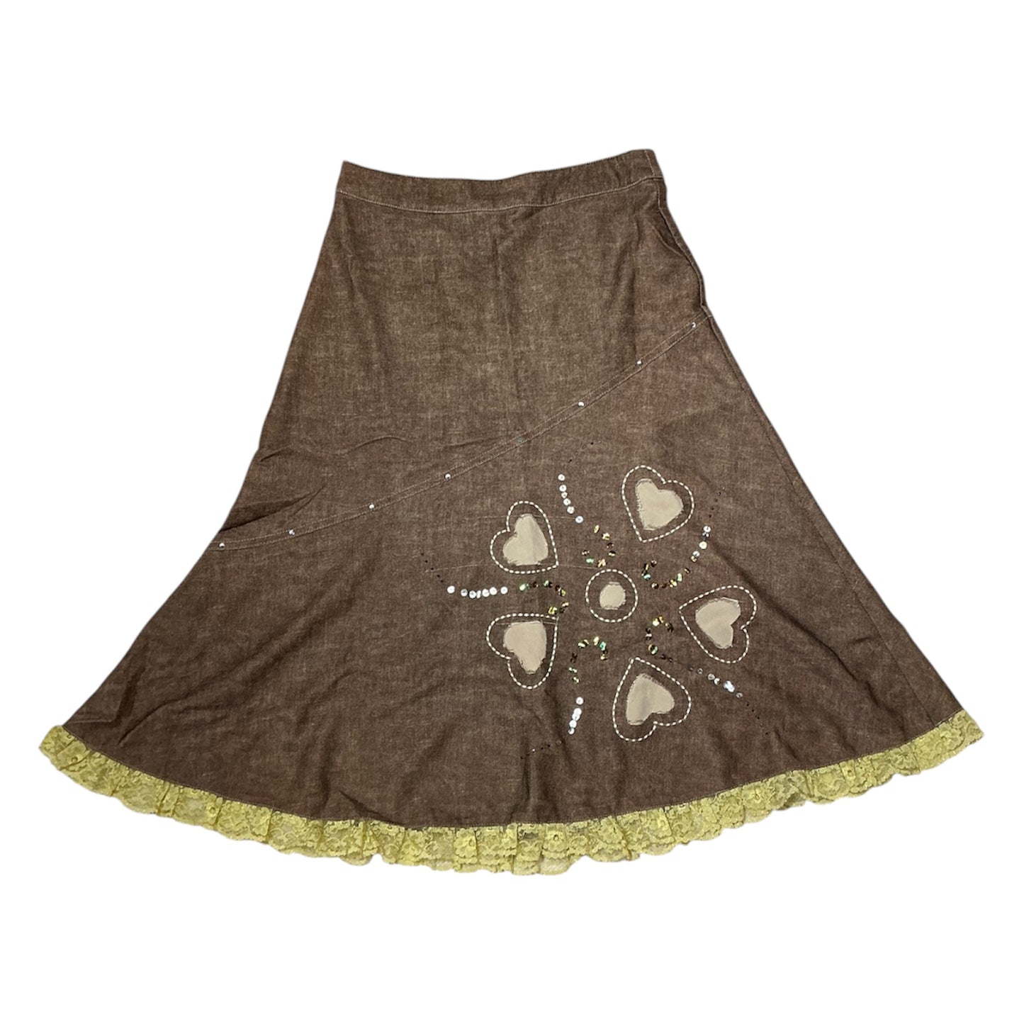 90s Floral Stitching Lace Hem Midi Skirt