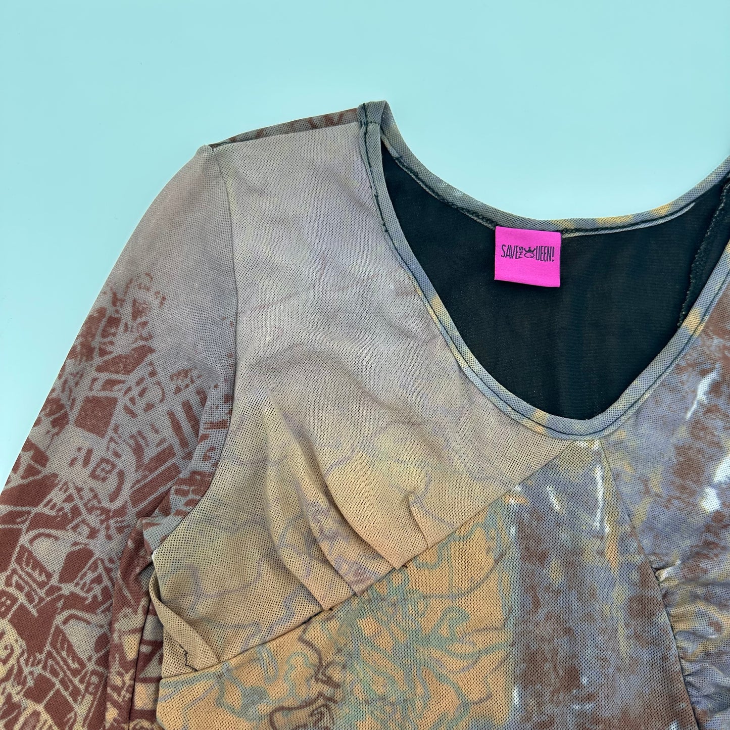 Save The Queen! 2000s Mixed Abstract Map Print Asymmetric Long Sleeves Top