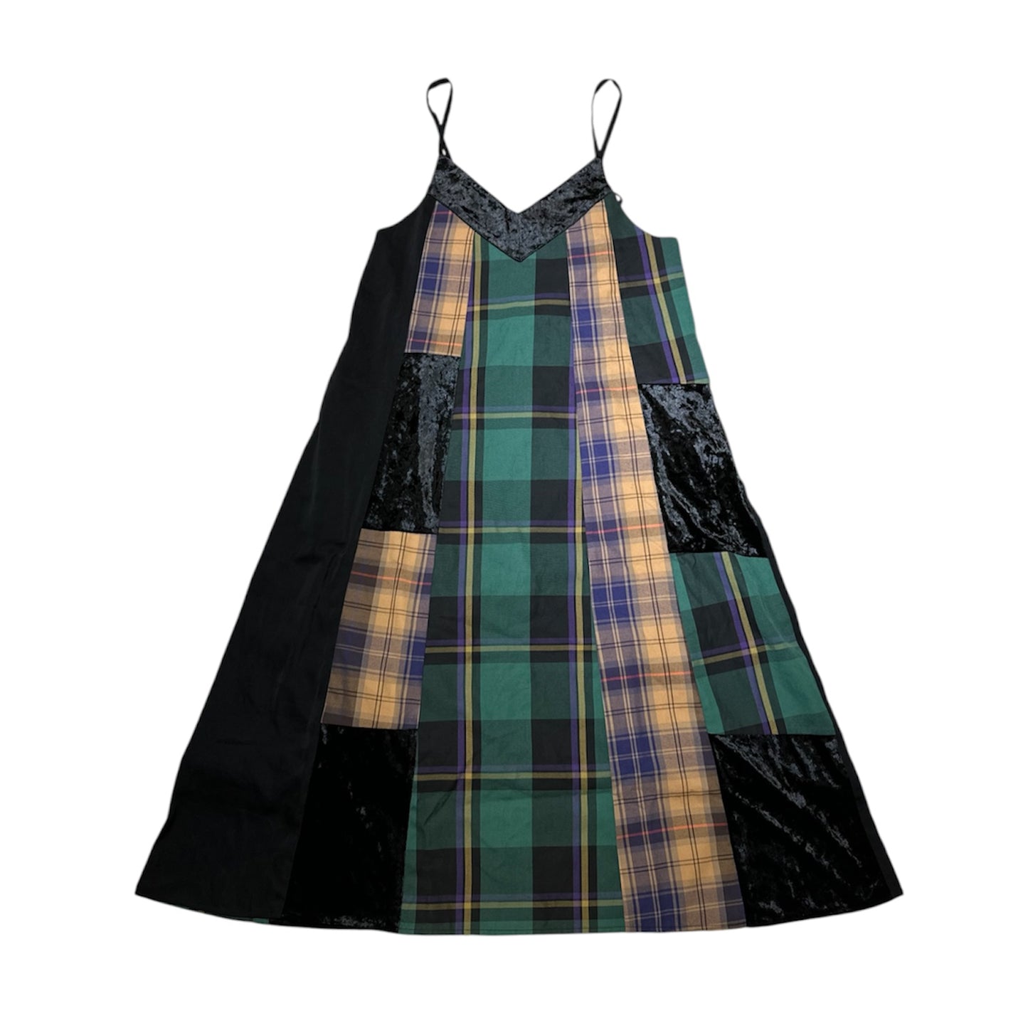 Plaid Patchwork A-line Velvet Trim Dress