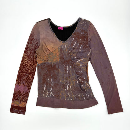 Save The Queen! 2000s Mixed Abstract Map Print Asymmetric Long Sleeves Top