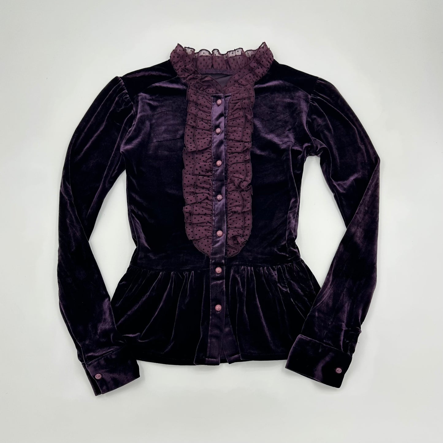Polka Dot Ruffle Trim Velvet Shirt