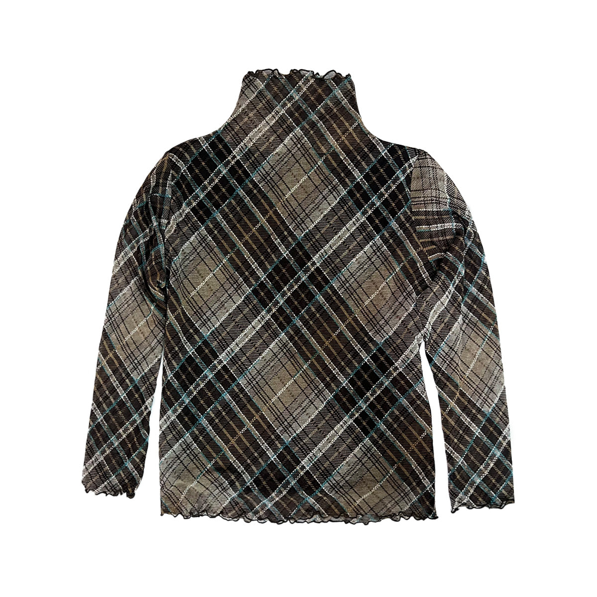 Checked-Print Mesh High Neck Top