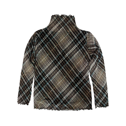 Checked-Print Mesh High Neck Top