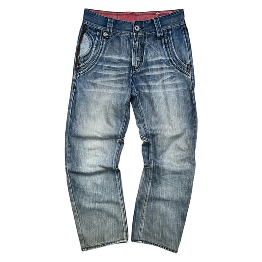 TOUCH Jeansmith Distressed Denim 9/10 Length Pants with 3D Pocket & Red Waistband