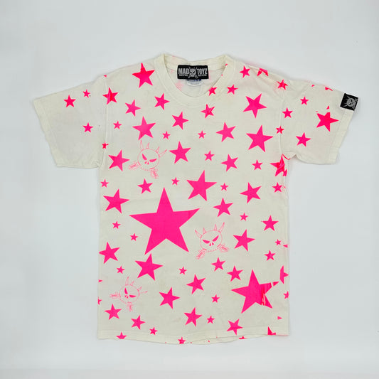 00s Mad Toyz All Over Neon Pink Star Devil Skull Print Tee