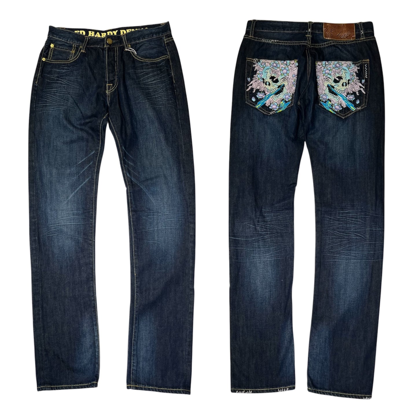 00s Ed Hardy Sakura Skull Embroidered Baggy Jeans