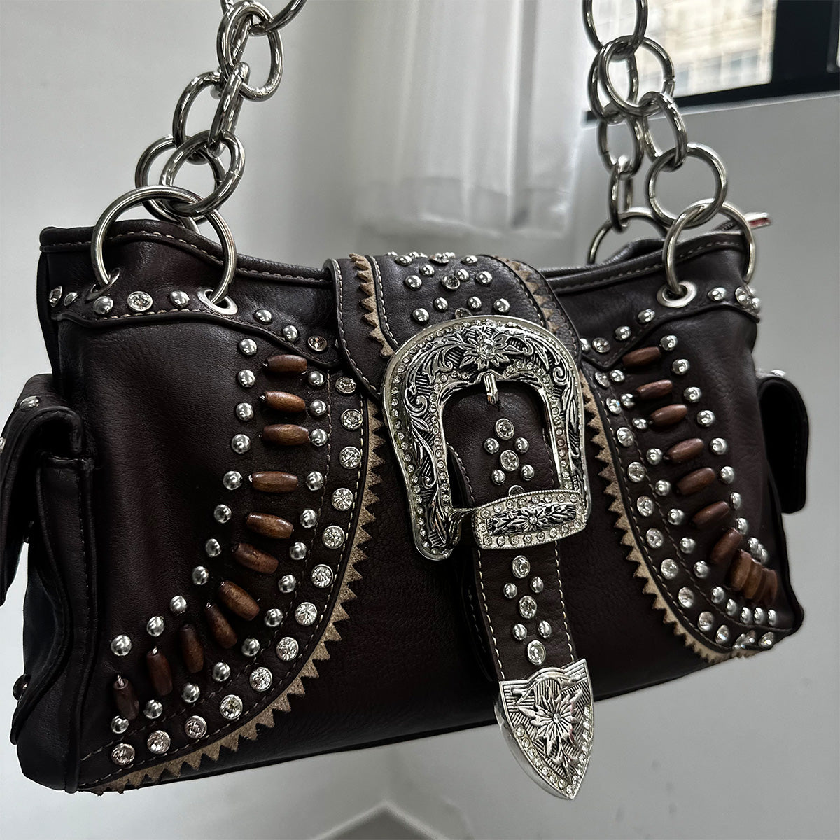 Montana West Beaded Buckle Leather Purse